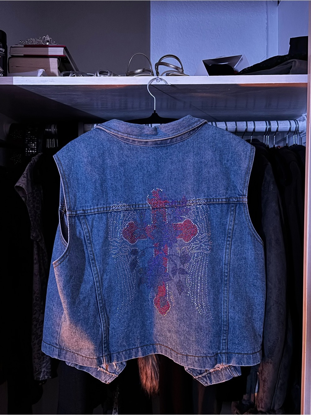 Embellished Blue Denim Vest with Rhinestone Cross